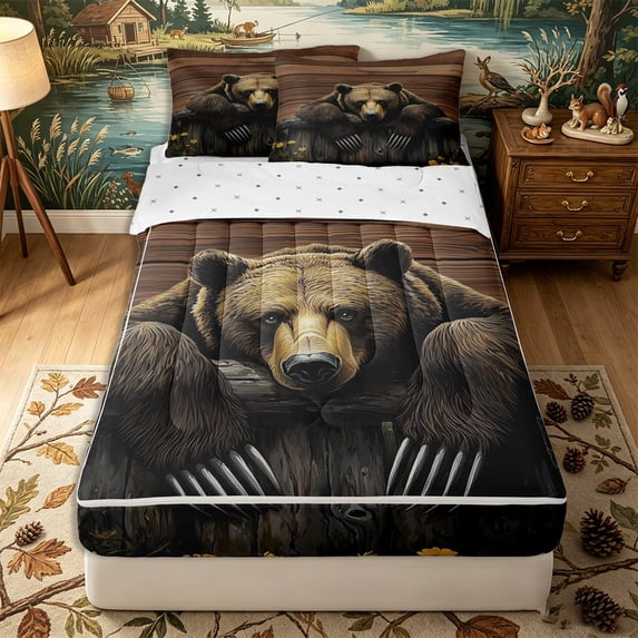 Erosebridal Rustic Grizzly Bear Pattern Zipper Full Size Comforter Sets with Fitted Sheet and 2 Pillowcases,Wooden Board Print Zipper Bedding Set,Brown Yellow Black,Reversible