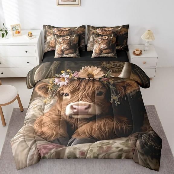 Erosebridal 7Pcs Rustic Highland Bull Bedding Queen Size,Farmhouse Rustic Bedding Sets Queen Size,Black Reversible Super Cozy Comforter Set