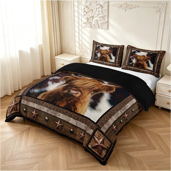 Erosebridal Rustic Highland Cow Animals Duvet Cover Queen,Wooden ...