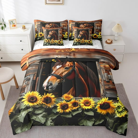 Erosebridal Rustic Horse Bedding Queen Size, Chic Sunflower Floral Comforter Sets with Sheets, Old Barn Door Bedroom Decorative Super Cozy 7-Piece