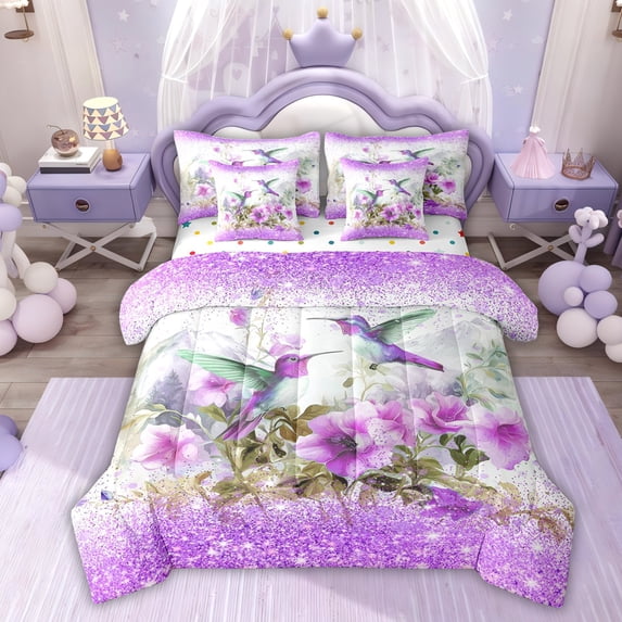 Erosebridal Rustic Hummingbird Bedding Comforter Set 7 Pieces, Purple Flower Full Bedding Set