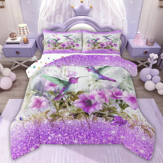 Erosebridal Rustic Hummingbird Full Size Comforter Sets, Purple Flower Bedding Sets, 3-Piece