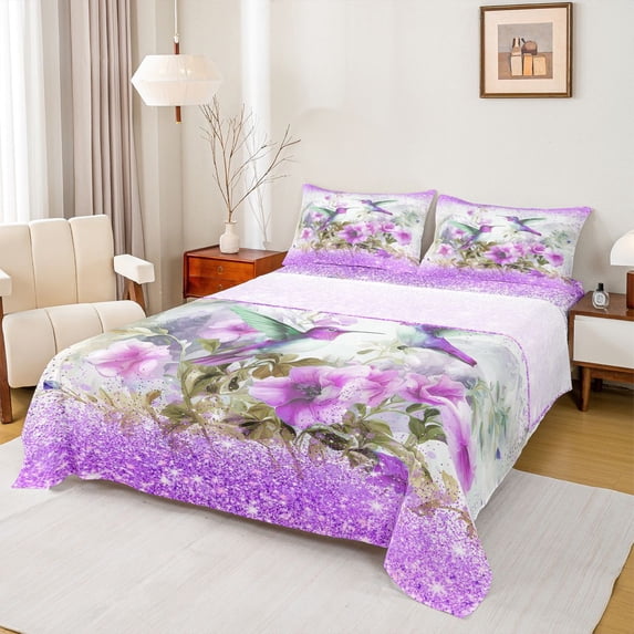 Erosebridal Rustic Hummingbird Full Size Sheets, Purple Flower Bed Sheets, 4-Piece
