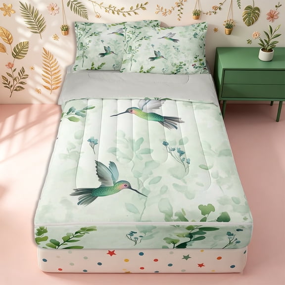 Erosebridal Rustic Hummingbird Pattern Zipper Twin Comforter Sets with Fitted Sheet and 2 Pillowcases,Pastel Leaf Print Zipper Bedding Set,Mint Green,Grey Reversible