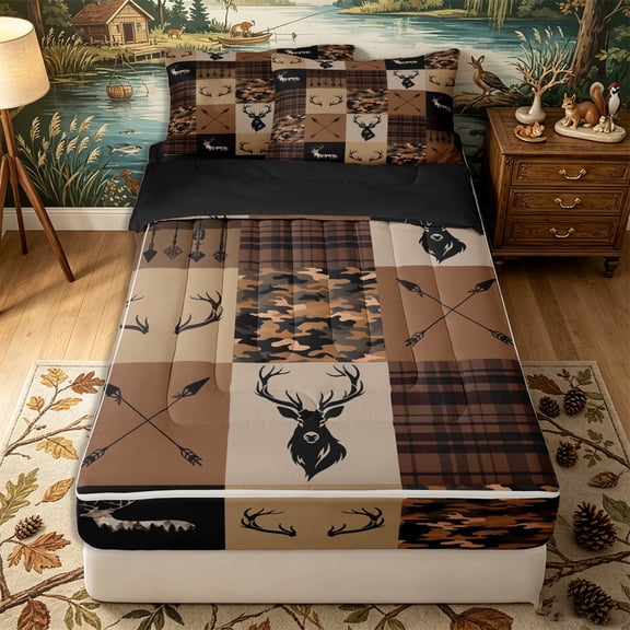Erosebridal Rustic Hunting Stag Head Pattern Zipper Queen Comforter Set with Fitted Sheet and 2 Pillowcases,Cross Arrow Print Zipper Bedding Set,Tan Brown Black,Black Reversible