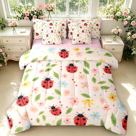 Erosebridal Rustic Ladybug 7 Pieces Full Size Bedding Sets,Watercolor Floral Plants Full Size Bed in a Bag,Cream Red,Pink Reversible
