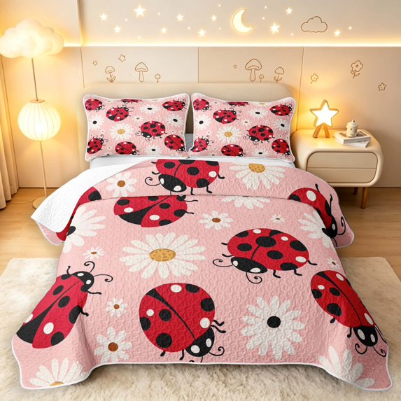 Erosebridal Rustic Ladybug Quilt Full,Transitional Daisy Flower Full Bedspread Sets,Cream Black,3 Pieces,1 Coverlet and 2 Pillowcases