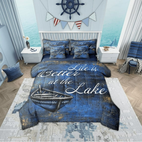 Erosebridal Rustic Lake House Bedding Sets Queen Size, Vintage Oil Painting Boat Comforter Sets with Sheets, Lightweight 7pcs