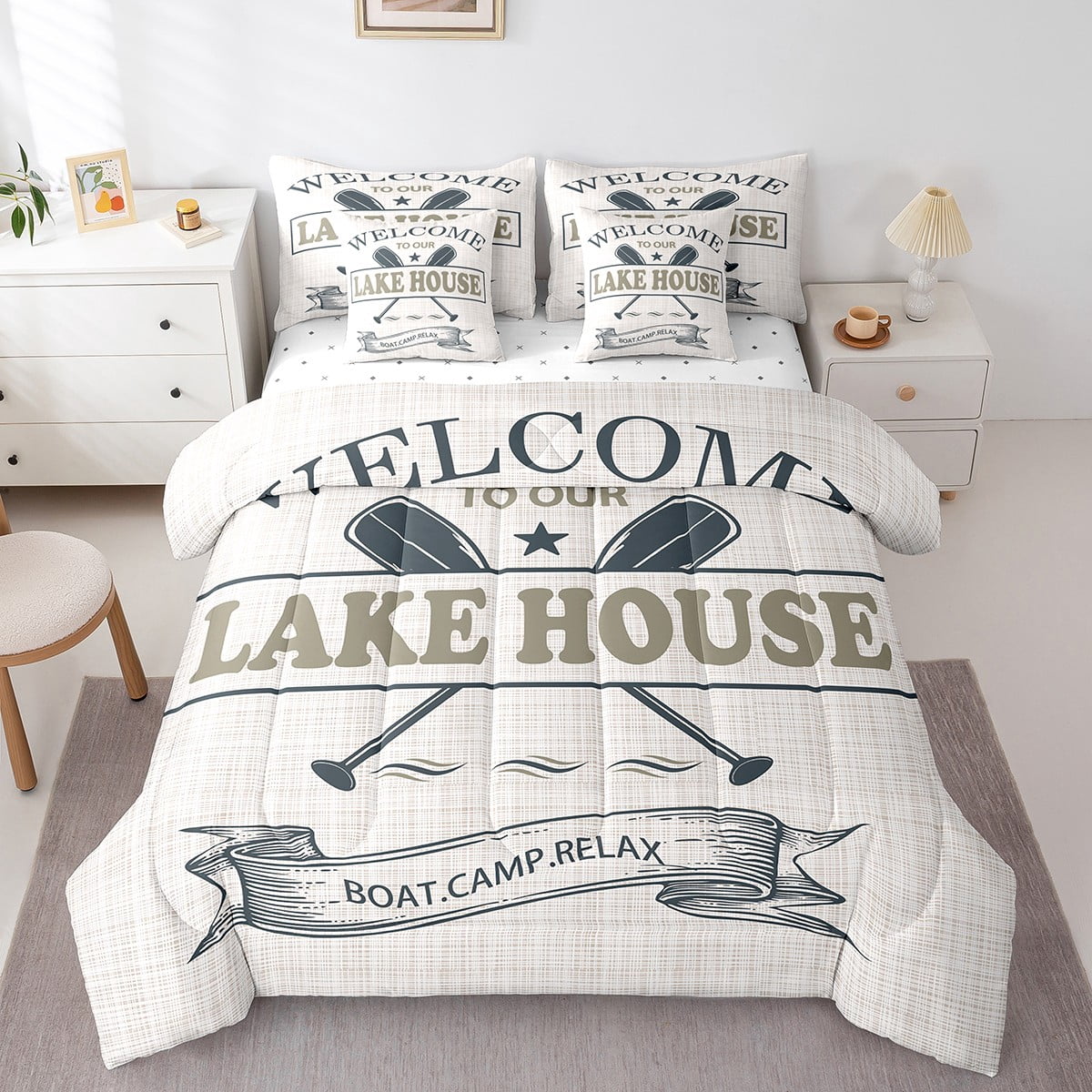 Erosebridal Rustic Lake House Bedding Twin Size, Relax Lake Life Comforter Sets with Sheets, Boat Paddles Duvet Set, Ultra Soft Room Decor, Reversible 7-Piece
