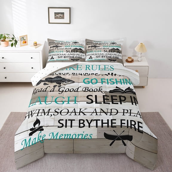 Erosebridal Rustic Lake House Comforter Sets Twin Size, Vintage Farmhouse Comforters & Duvets, Hunting and Fishing Bedding Twin Comforter Set, Lightweight Bedroom Decoration, 2-Piece
