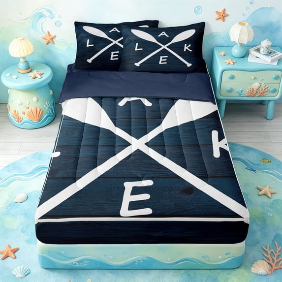 Erosebridal Rustic Lake Paddle Zipper Full Size Comforter Sets with Fitted Sheet and 2 Pillowcases,Ocean Themed Zipper Bedding Set For Boys,Navy Blue Reversible,4-Piece