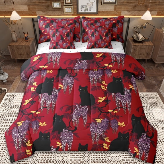 Erosebridal Rustic Lavender Black Kitten 7-Piece Twin Bedding Sets,Red Black Purple Bedding Comforter Set For Girls Boys,Reversible