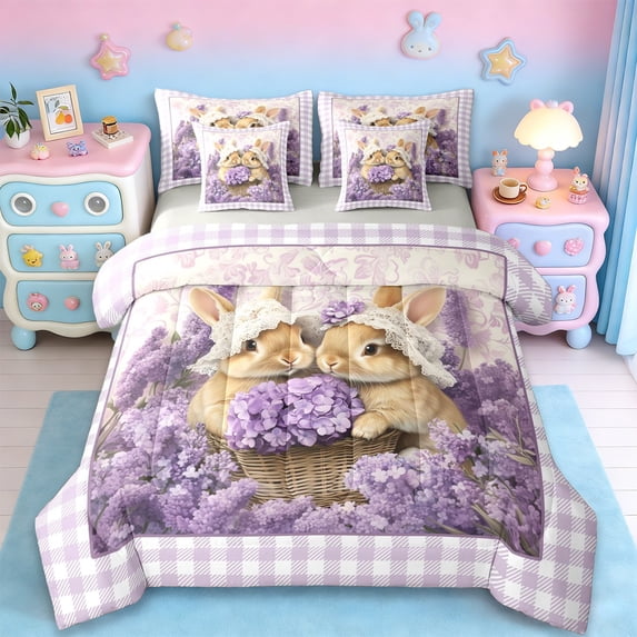 Erosebridal Rustic Lavender Flowers 7-Piece Twin Bedding Sets,Cute Cartoon Rabbit Bedding Comforter Set For Girls Kids,Reversible
