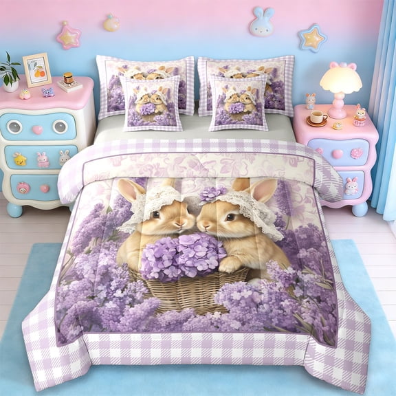 Erosebridal Rustic Lavender Flowers 7pcs Bedding Comforter Set,Cute Cartoon Rabbit Queen Bedding Sets For Girls Kids,Reversible