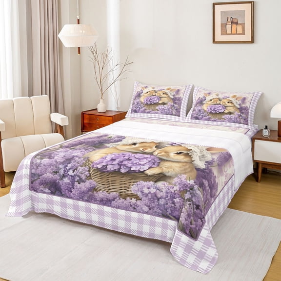 Erosebridal Rustic Lavender King Sheet Set,Cartoon Easter Rabbit,4-Piece
