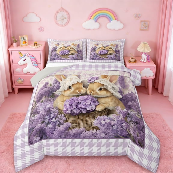 Erosebridal Lavender Rabbit Full 3-Piece Reversible Girls Floral Comforter Set