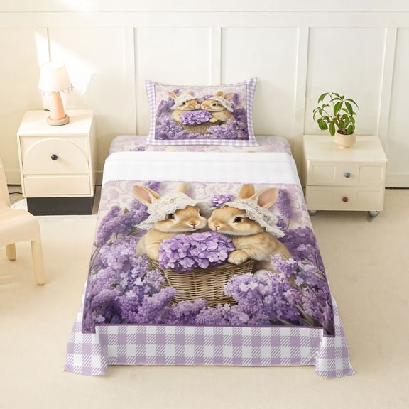 Erosebridal Rustic Lavender Flowers Twin Sheet Sets,Cute Cartoon Rabbit Bedding For Girls Kids 3-Piece