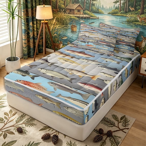 Erosebridal Rustic Layered Fish Tile Zipper Queen Comforter Set with Fitted Sheet and 2 Pillowcases,Weathered Wood Panel Secondary Motif Zipper Bedding Set,Slate Cream,4 Pieces,Reversible