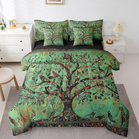Erosebridal Rustic Life Tree Bed in a Bag Full size, Green Bed Set, Branch Botanical Reversible Bedding Full Size, Super Cozy Room Decorative, 7pcs