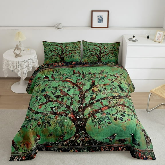 Erosebridal Rustic Life Tree Bedding Sets Full with Comforter, Green Duvet Insert, Branch Botanical Reversible Comforter Sets Full Size, Super Cozy Room Decorative, 3pcs