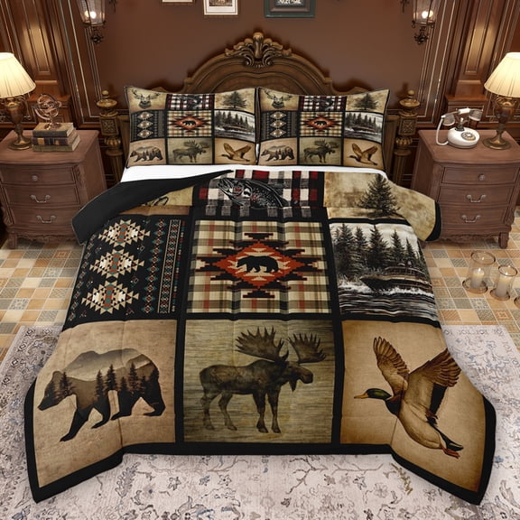 Erosebridal Rustic Lodge Cabin Full Size Comforter Sets, Hunting Mallard Duck Deer Bear Bedding Sets, Black Reversible, 1 Comforter and 2 Pillowcases