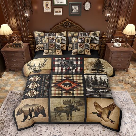 Erosebridal Rustic Lodge Cabin Twin Bedding Sets, Hunting Mallard Duck Deer Bear Bedding Comforter Set, Black Reversible, 7-Piece