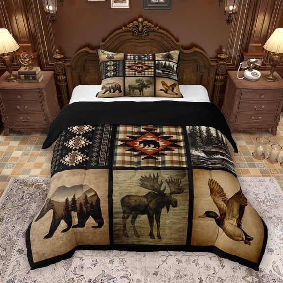 Erosebridal Rustic Lodge Cabin Twin Comforter Sets, Hunting Mallard Duck Deer Bear Bedding Set, Black Reversible, 1 Comforter and 1 Pillowcase