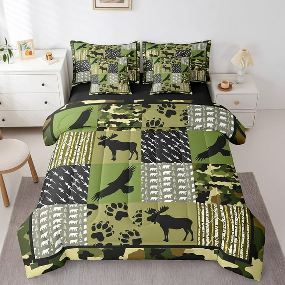 Erosebridal Rustic Moose Deer Bed in a Bag Twin size, Animal Patchwork Bed Set, Camouflag Decor, Reversible 7pcs