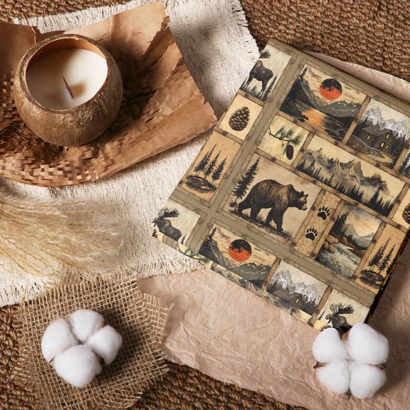 Erosebridal Rustic Moose Lodge 100% Cotton Fabric by the Yard 2 Yards, Cabin Collage Sewing Fabric