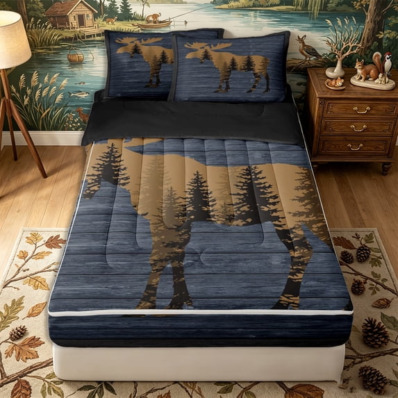 Erosebridal Rustic Moose Silhouette Zipper Full Size Comforter Sets with Fitted Sheet and 2 Pillowcases,Woodland Pine Tree Zipper Bedding Set,Navy Brown Black,Black Reversible