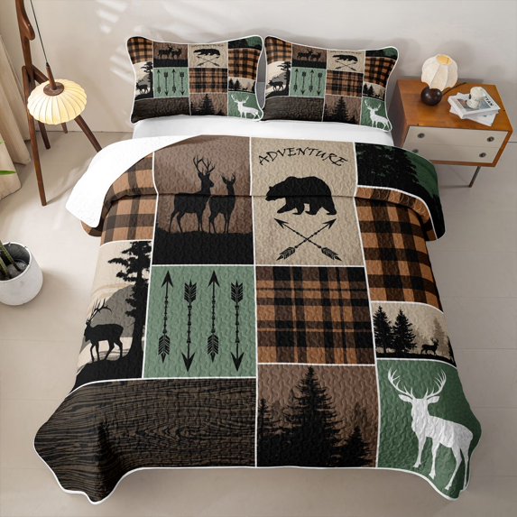 Erosebridal Rustic Patchwork Plaid Twin Quilt Set for Women Men, Arrow Silhouette Twin Coverlet Set, Brown Olive, 2 Pieces