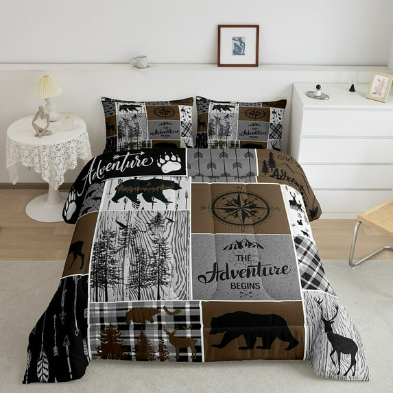 Erosebridal Rustic Patchwork Twin Comforter Set , Retro Country Farmhouse Quilt Cabin Room Decor, Western Deer Bear Bedding Woodland Wildlife Adventure Camping Duvet Insert, Gray Brown