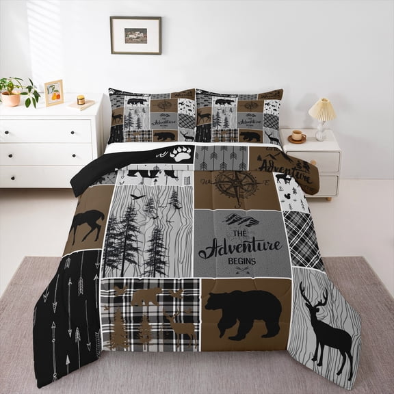 Erosebridal Rustic Patchwork Twin Comforter Set , Retro Country Farmhouse Quilt Cabin Room Decor, Western Deer Bear Bedding Woodland Wildlife Adventure Camping Duvet Insert, Gray Brown