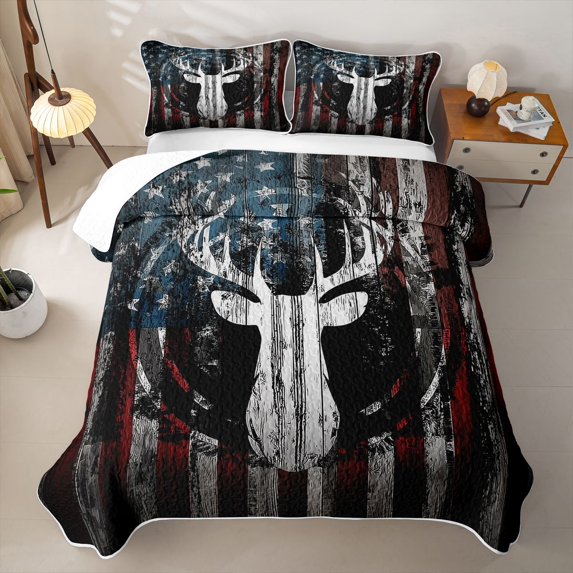 Erosebridal Rustic Patriotic Quilt King for Women Men, Deer Silhouette Print King Coverlet Set, 3-Piece
