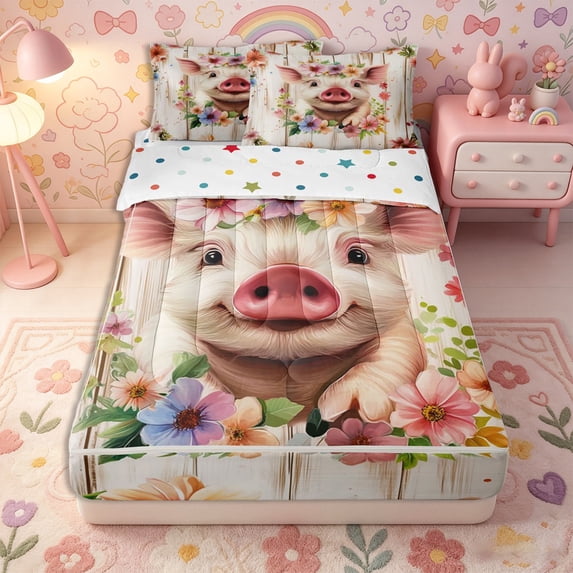 Erosebridal Rustic Piglet Zipper Full Size Comforter Sets with Fitted Sheet and 2 Pillowcases,Pastel Flower Print Zipper Bedding Set,Pink Purple Green,Reversible