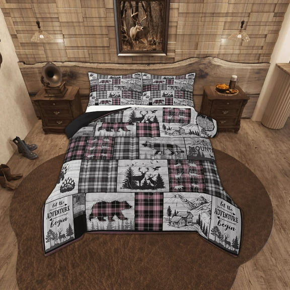Erosebridal Rustic Pink Bedding Set King Vintage Buffalo Plaid Cabin Comforter Set Hunting Bear Deer Wolf Quilt Comforter Women,Woodland Wildlife Animal Bed Duvet Set Black Grey