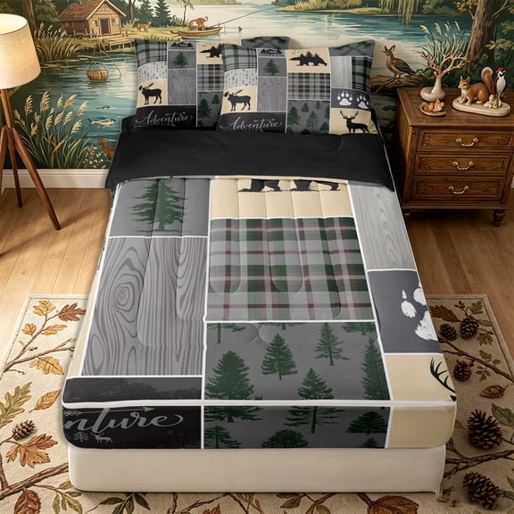 Erosebridal Rustic Plaid Pattern Zipper Twin Comforter Sets with Fitted Sheet and 2 Pillowcases,Woodland Wildlife Print Zipper Bedding Set,Green Beige Gray Black,Black Reversible