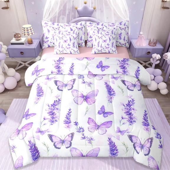 Erosebridal Rustic Plant Lavender 7-Piece Twin Bedding Sets,Wild Animal Butterfly Bedding Comforter Set For Men Women,Reversible