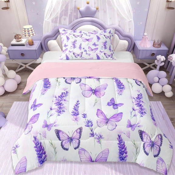 Erosebridal Rustic Plant Lavender Twin Comforter Sets,Wild Animal Butterfly Bedding Set For Men Women, Reversible 2 Pieces
