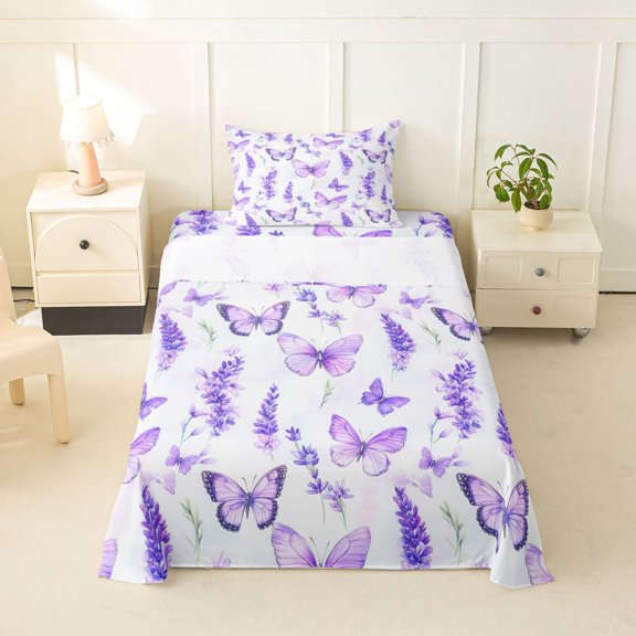 Erosebridal Rustic Plant Lavender Twin Sheet Sets,Wild Animal Butterfly Bedding For Men Women 3 Pieces