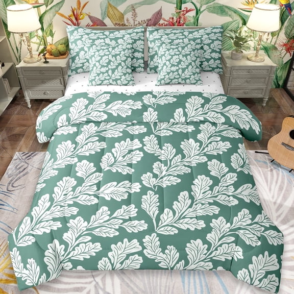 Erosebridal Rustic Plant Leaves 7-Piece Twin Bedding Sets,Green White Bedding Comforter Set For Girls Kids,Reversible