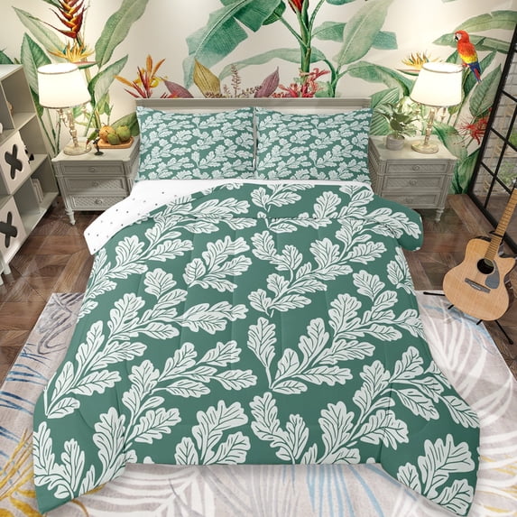 Erosebridal Rustic Plant Leaves Full Size Comforter Sets,Green White Bedding Sets For Girls Kids, Reversible 3pcs