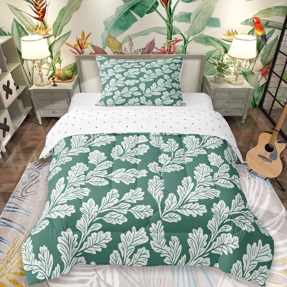 Erosebridal Rustic Plant Leaves Twin Comforter Sets,Green White Bedding Set For Girls Kids, Reversible 2 Pieces