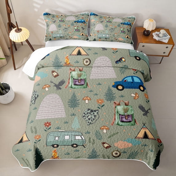 Erosebridal Rustic Plant Mushroom Twin Quilt Set For Kids,Happy Camping Twin Coverlet Set For Camper Gifts,2-Piece