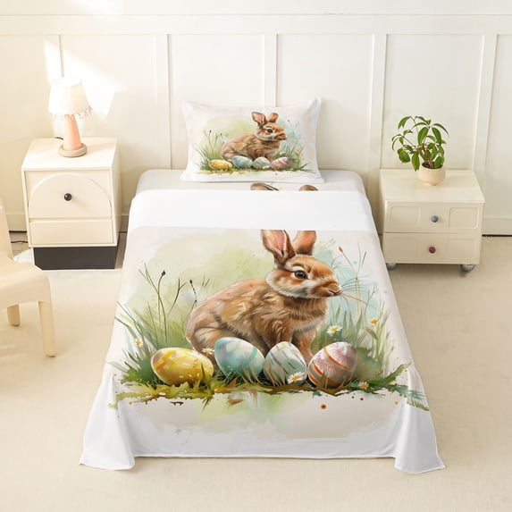 Erosebridal Rustic Rabbit Twin Sheet Sets,Colorful Easter Eggs Bedding For Kids Girls 3-Piece