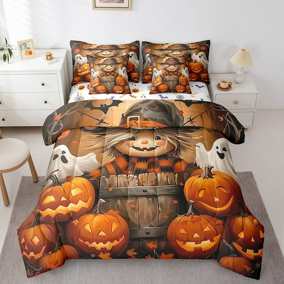 Erosebridal Rustic Scarecrow Bedding King Size, Horror Pumpkin Bed Set, Halloween Theme Reversible Bed in a Bag King size, Ultra Soft Room Decor, 7 Pieces