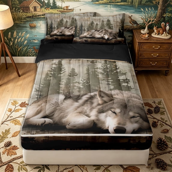 Erosebridal Rustic Sleeping Wolf Zipper Full Size Comforter Sets with Fitted Sheet and 2 Pillowcases,Pine Tree Silhouette Zipper Bedding Set,Beige Brown,Black Reversible