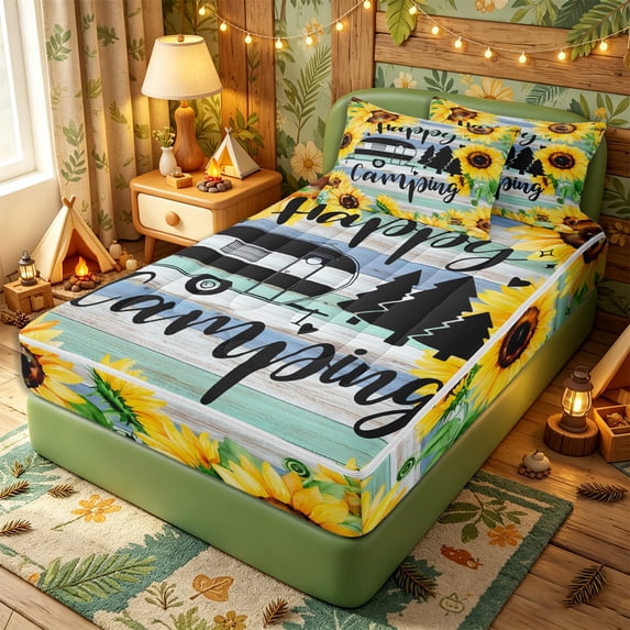 Erosebridal Rustic Sunflower Camper Zipper Twin Comforter Sets with Fitted Sheet and 2 Pillowcases,Pine Tree Wood Grain Accent Zipper Bedding Set,Yellow Teal,4-Piece,Reversible