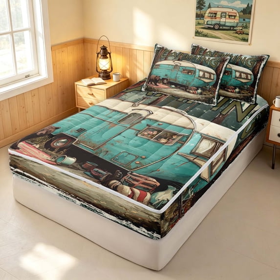 Erosebridal Rustic Teal Camper Zipper Twin Comforter Sets with Fitted Sheet and 2 Pillowcases, Happy Camping Zipper Bedding Set, Black Reversible