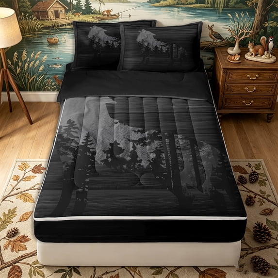 Erosebridal Rustic Timber Wolf Zipper Twin Comforter Sets with Fitted Sheet and 2 Pillowcases,Coniferous Forest Zipper Bedding Set,Black Grey,Black Reversible